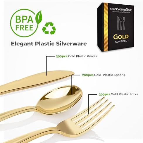 Gold Plastic Silverware Set (600-Pack) – Disposable Heavy Duty Cutlery, 200 Forks, 200 Knives, 200 Spoons for Parties, Weddings, Dinners & Holidays, Stock Your Home - Image 2
