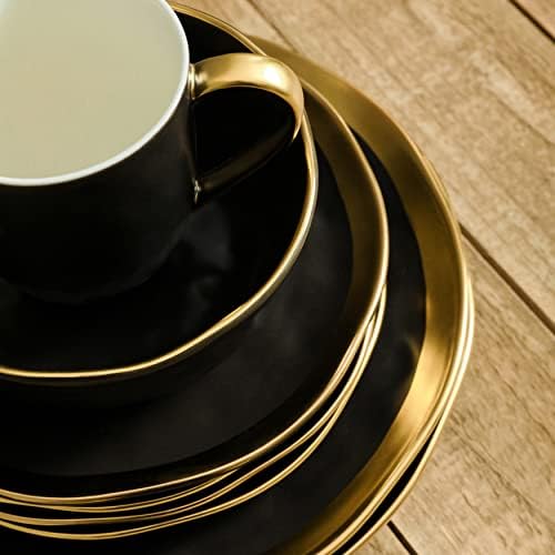 Stone Lain Florian Modern Porcelain 16 Piece Dinnerware Set, Plates and Bowls Set, Dish set for 4, Black And Golden Rim - Image 4