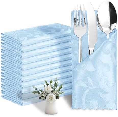 12 Pack Baby Blue Damask Satin Napkins 17 x 17 Inch by Eychei