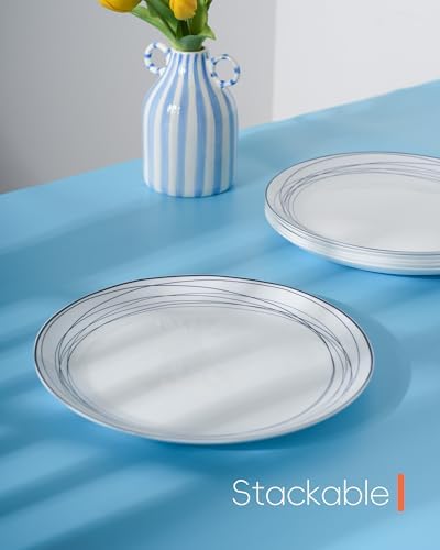 LaGlint 10.5 Inch Dinner Plate Set of 6, Blue Geometric Opal Glass - Image 3