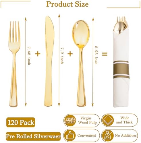 Supernal 120 Pack Gold Plastic Silverware Wrapped Cutlery Set with Napkin - Image 2