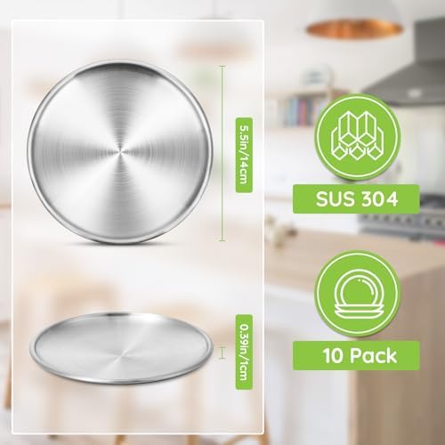 Stainless Steel Plates, 10 Pack 5.5 inch 304(18/8) Metal Food Serving Plate Set, Reusable Snack Eating Dishes Round Shatterproof Plate Silver Dinnerware for BBQ Dinner Oven Dishwasher Safe - Image 2