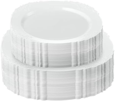 PLASTICPRO 64 Pack Elegant Disposable Plastic Plates Combo Set Includes 32 Dinner Plates and 32 Salad Heavy Duty Fancy Party Plates White Embossed Victorian Design by PLASTICPRO
