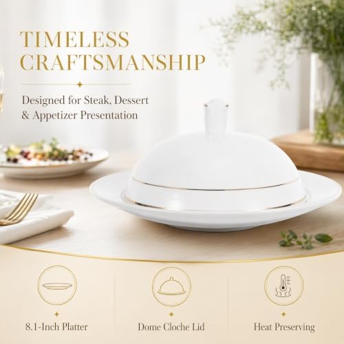 8 Inch White Ceramic Serving Platter with Dome Lid Round Porcelain Dinner Plate for Steak Dessert Appetizer Cloche Food Cover with Gold Rim for Fine Dining Table - Image 2