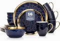 Stone Lain Porcelain 16 Piece Dinnerware Set, Service for 4, Blue and Golden Rim, Dark Blue by Unknown