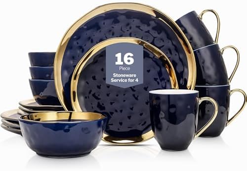 Stone Lain Porcelain 16 Piece Dinnerware Set, Service for 4, Blue and Golden Rim, Dark Blue by Unknown
