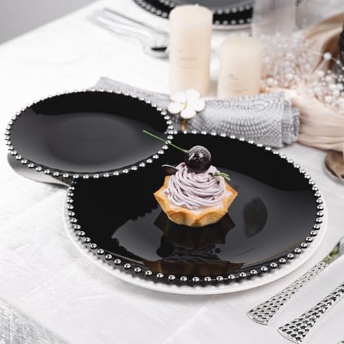 HOMIP 50PCS Disposable Black Plastic Plates with Silver Pearl-Beaded Rim - Image 6