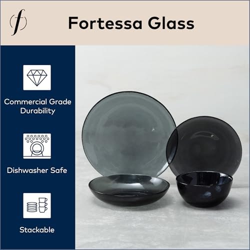 FORTESSA Los Cabos Tableware, 16-Piece Glass Dinnerware Set with 4 Dinner Plates, 4 Salad Plates, 4 Coupe Bowls and 4 Cereal Bowls, Dishwasher-Safe Glass Plate Set, Shadow Black - Image 2