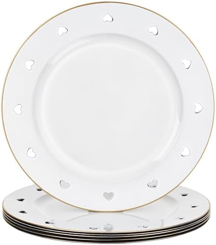 13" Round White Charger Plates, Heart Hollow Chargers for Dinner Plates with Golden Border, Formal Table Setting Accessory Centerpiece Bluk Wedding, Valentine's Day, Galentine's Day, Easter Set of 6 by Kazozobi