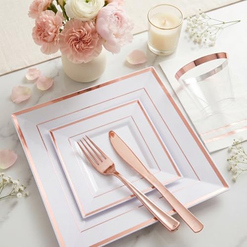 Festiva 350Pcs Rose Gold Plates and Napkins Party Supplies-Square White and Rose Gold Disposable Dinnerware include Plates Cups Cutlery Napkins for 50 Guests Wedding &Mother's Day&Birthday Party - Image 4