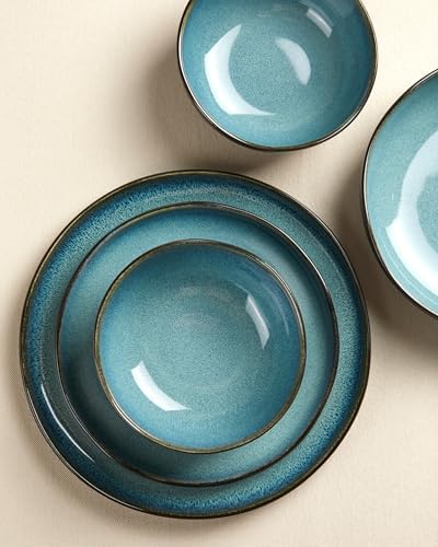 Pokini 10 Inch Ceramic Dinner Plates Set of 6, Wavy Rim Stoneware Plates - Image 3