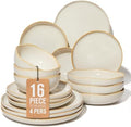 Pokini Plates and Bowls Sets, 16 Pieces Dinnerware Set for 4 with Pasta Bowls, Handmade Dishes Set, Chip Resistant Dishware Sets, Microwave Safe Dinner Set, Designed for Interactive Meal, Yellow White by Pokini
