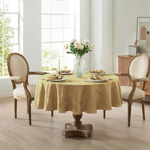 Newbridge Barcelona Damask Fabric Tablecloth, 90 Inch Round, Gold – No Iron, Soil Resistant Table Cover for Dining, Parties and Holidays - Image 2