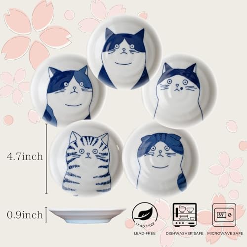 Dessert Sushi Soy Sauce Salad Ceramic Plates Cats Design Set of 5 Made in Japan 5 Cats 4.7in - Image 2