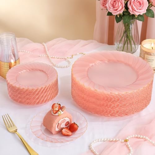 YOUBET 125Pieces Clear Pink Plastic Plates with Gold Rim - Gold Plastic Silverware Include 25 Dinner Plates 25 Dessert Plates 75 Golden Silverwares for Wedding Birthday & Parties Easter Mothers Day - Image 5