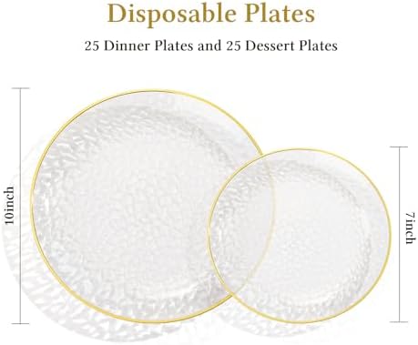 realluck 50Pcs Clear and Gold Rim Hammered Disposable Plastic Plates - Image 3