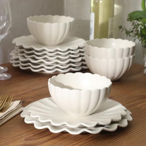 Gibson Elite Bistro Fleur Plates and Bowls Sets, 12-Piece Stoneware Dinnerware Set for 4, Ivory White Scalloped Dish Set with Dinner Plates, Salad Plates & Bowls - Image 5