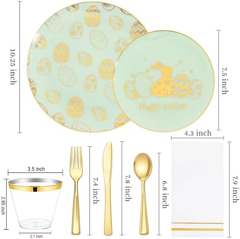 Festiva 175Pcs Easter Plates and Napkins Disposable - Green and Gold Plastic Dinnerware Set for 50 guests include 50 Plates 25Cups 25Plastic Silverware 25Napkins Perfect for Easter Party - Image 2