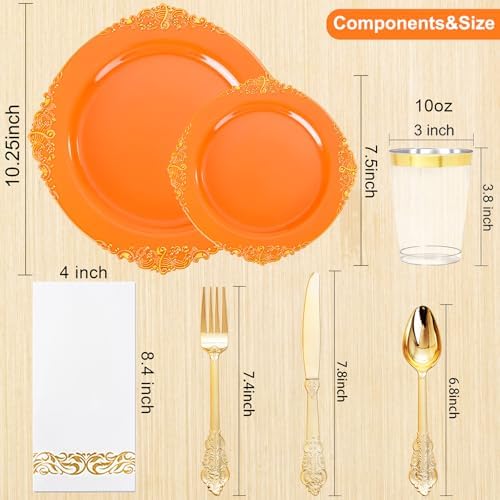 Nervure 175Pcs Orange Plastic Plates, Plastic Dinnerware Set for 25 Guests - Image 5