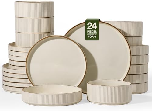 Famiware Stoneware Dinnerware Sets with Pasta Bowls, Rimmed Dishes for 6 by Famiware