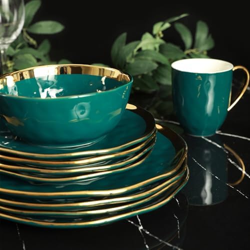 Stone Lain Florian Modern Porcelain 16 Piece Dinnerware Set, Plates and Bowls Set, Dish set for 4, Green and Golden Rim - Image 4