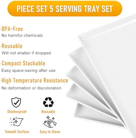 Moretoes 5pcs Melamine White Serving Trays for Party, Reusable Serving Dishes,14.5 x 6, Unbreakable Rectangle Plates, for Cookie, Appetizer, Charcuterie, Snack, Dessert, Food Display (Pack of 3) - Image 3