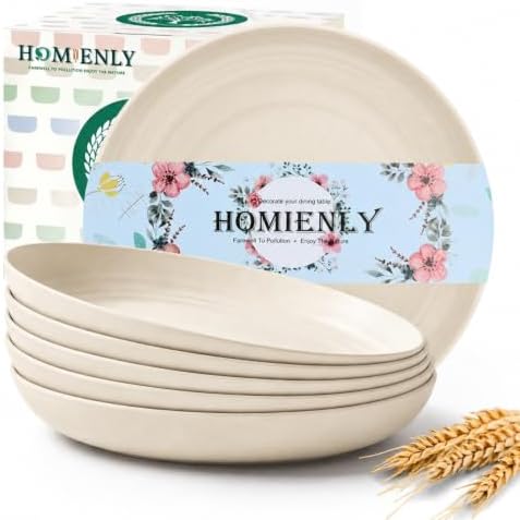 Homienly Deep Dinner Plates 10 Inch Wheat Straw Plates Set of 6 Large Salad Plates for Serving Unbreakable & Lightweight Plates Set for Picnic,RV Microwave & Dishwasher Safe Camping Plates (Beige) by HOMIENLY