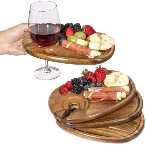 Wine Glass Holder Plates – Acacia Wooden Appetizer & Snack Plates for Party, Wine & Cheese Mini Charcuterie Boards, Set of 4 – Great Gift for Wine Lovers by YEWBEE
