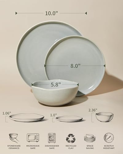 Pokini Large Holiday Dinnerware Sets for 8, Ceramic Plates and Bowls Set, Kitchen Dish Set, Microwave & Dishwasher Safe Dishware, Perfect for Christmas & Thanksgiving, Gray Green - Image 2