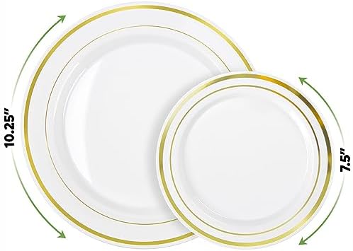 SETUP Case of 300 White Gold Rimmed Plastic Plates - Premium Heavy-Duty Disposable Plates for Wedding and Party, 150 10.25" Dinner and 150 7.5" Salad Plates - Image 2