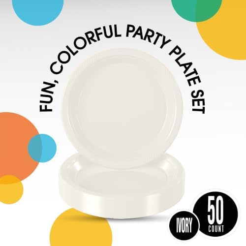 Exquisite Party Solids Sturdy Ivory Plastic Plates 9" Party Plates 50 Pcs - Image 2