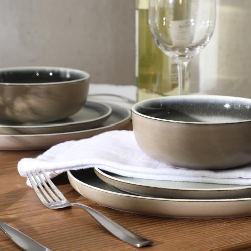 Gibson Elite Island Bay 12-Piece New Bone China Dinnerware Set Service for 4, Reactive Glaze Plates and Bowls, Dishwasher and Microwave Safe, Black and Cream - Image 5
