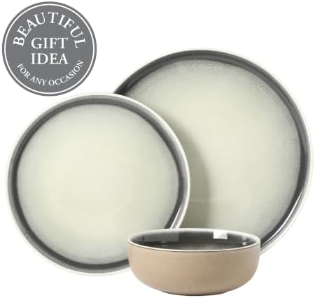 Gibson Elite Island Bay 12-Piece New Bone China Dinnerware Set Service for 4, Reactive Glaze Plates and Bowls, Dishwasher and Microwave Safe, Black and Cream - Image 4