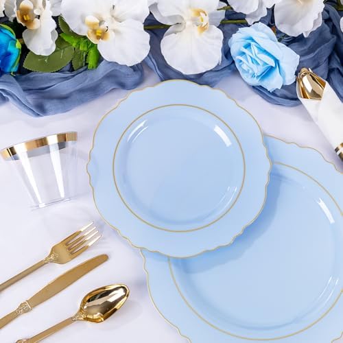 Liacere 175PCS Bule Plastic Plates - Disposable Ligh Bule and Gold Plates - Baroque Plastic Dinnerware 50Plates, 25Pack Pre Rolled Napkins with Silverware 25Cups for Baby Shower Party & Wedding - Image 5