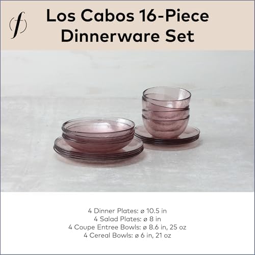FORTESSA Los Cabos Tableware, 16-Piece Glass Dinnerware Set with 4 Dinner Plates, 4 Salad Plates, 4 Coupe Bowls and 4 Cereal Bowls, Dishwasher-Safe Glass Plate Set, Pink - Image 5
