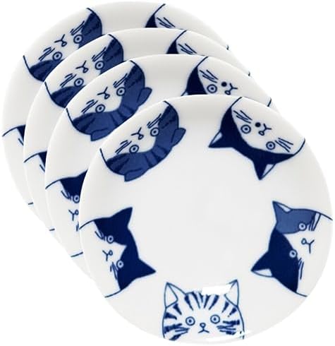 Japanese Cat Design Ceramic Small Plates - Set of 4 - Great for Sushi, Dips, & Desserts, Cat Quintet by LOVELOVEJAPAN