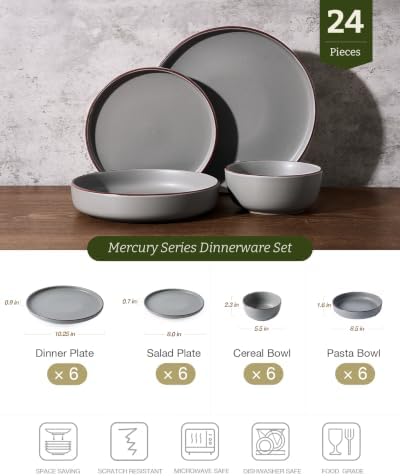 Famiware Mercury 24-Piece Dinnerware Set with Pasta Bowls, Dark Grey - Image 2