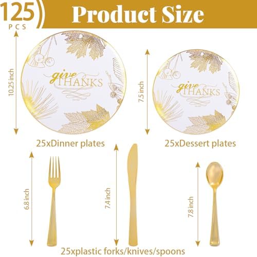 125PCS Thanksgiving Plastic Plates - Gold Disposable Dinnerware Sets - Thanksgiving Maple leaf Plates with Silverware for 25 Guests for Autumn Harvest Party Decor - Image 2
