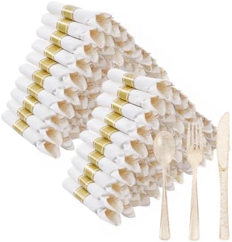 Goodluck 100 Pack Pre Rolled Gold Glitter Plastic Silverware with Napkins by GoodLuck