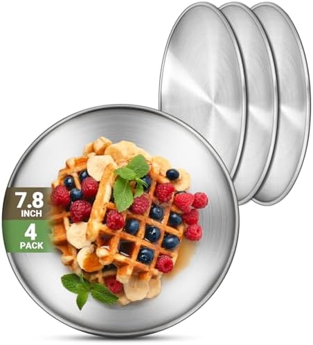 4 Stainless Steel Plates, 7.8 inch 304(18/8) Metal Camping Plate, Reusable Food Serving Dish Snack Eating Dishes Round Shatterproof Plate Silver Dinnerware for BBQ Dinner Oven Dishwasher Safe by Offiper