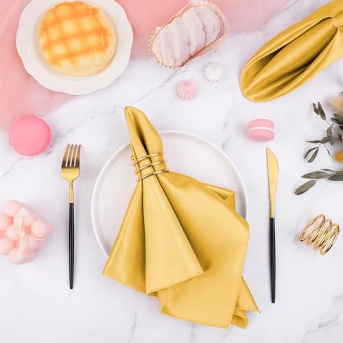 MCEAST Satin Cloth Napkins and Napkin Rings Set of 8, Smooth Fabric Table Napkins and Napkin Holder for Wedding, Birthday Dinner Party, Family Gatherings, Table Decor (Gold, 17 x 17 Inches) - Image 4