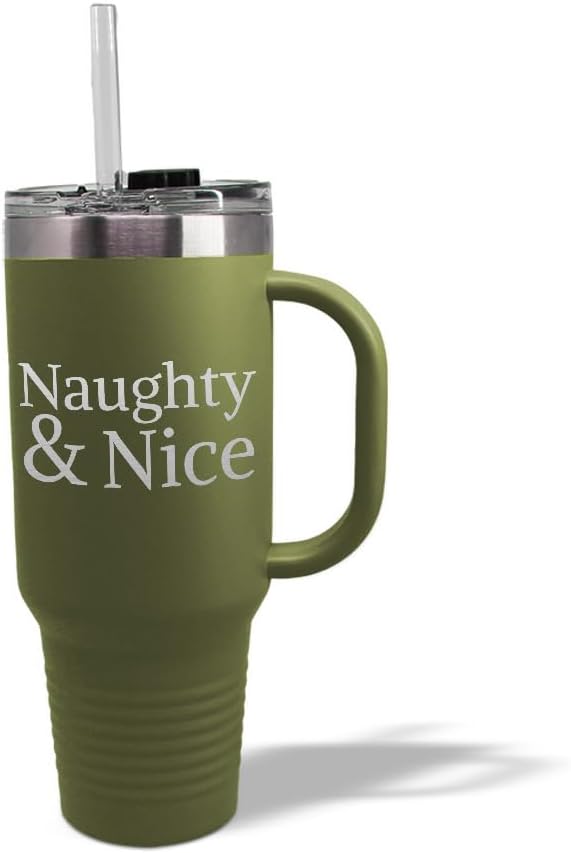 Speedy Pros Tumbler Cups with Straw Naughty & Nice Christmas Xmas Coffee Tumbler with Lid Personalized Insulated Travel Mugs Engraved Stainless-Steel 40 Oz Forest Green Design Only