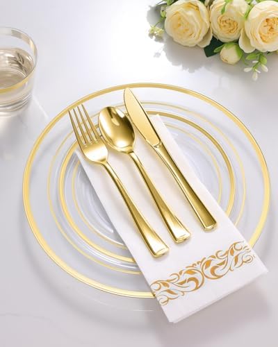 Goodluck 350 Pieces Clear Gold Disposable Dinnerware Set for 50 Guests - Image 3