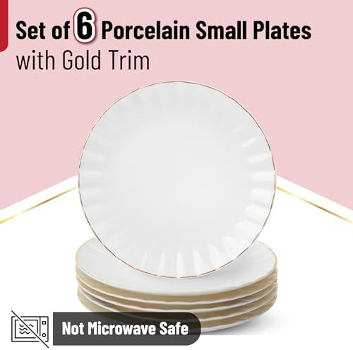 BTaT- White Dessert Plates, Set of 6, 8 inch, White Porcelain with Gold Trim, Small Plate, Small Appetizer Plates - Image 2