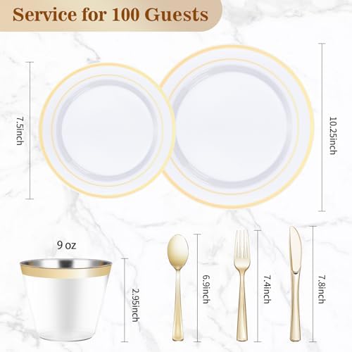 BESTVIP 600PCS Gold Dinnerware Set for 100 Guests, Plastic Plates for Party, 100 Gold Disposable Plates, 100 Dessert Plates, 100 Cups, 100 Spoons, 100 Forks and 100 Knives (Pack of 3) - Image 4