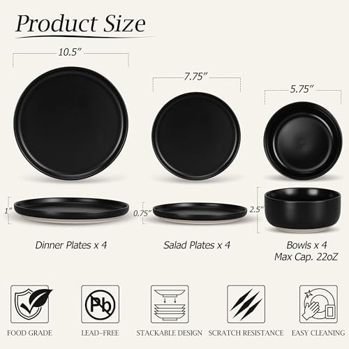LIANYU Stoneware Dinnerware Sets for 4, 12 Piece Plates and Bowls Set, Ceramic Dishware Dishes for Dining, Scratch Resistant Kitchen Porcelain Plates, Microwave & Dishwasher Safe, Matte Black - Image 2