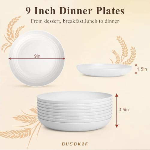 Wheat Straw Plates 9 Inch, Reusable Plastic Plates Set of 8 - White - Image 2
