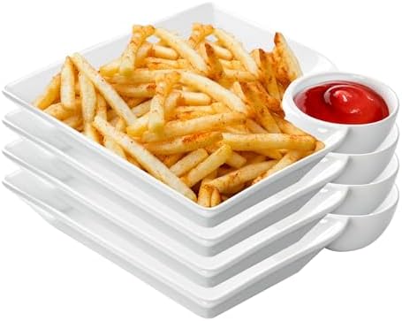 Chip and Dip Serving Platter Set of 4-8 Inch Ceramic Divided Plates with Sauce Compartment, Food-Safe Snack Plate for Dumpling, Sushi, Appetizer, Taco - White by Unknown