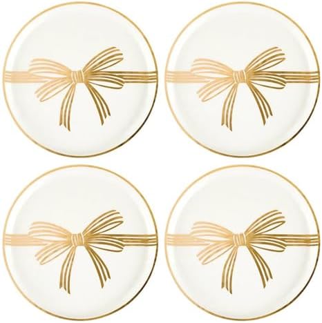 Santa Barbara Design Studio Christmas Appetizer Plates - Set of 4 Small Ceramic Plates, 5.25" Diameter, Gold Metallic Bow - Image 3
