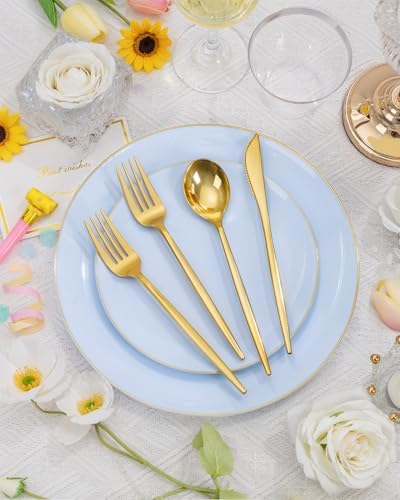 bUCLA 150PCS Blue Plastic Plates - Light Blue and Gold Disposable Include 25 Each (Dinner & Dessert) Plates, 25 Knives, 25 Forks, 25 Spoons and 25 Cups, Ideal for Party, Birthday & Wedding - Image 6